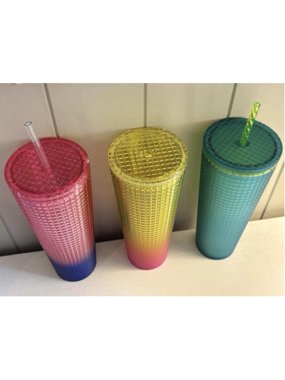 Lot (3) Starbucks Tumbler 24 oz Venti Iridescent Ombré Grid Vibrant Pink Green + - Picture 6 of 12
